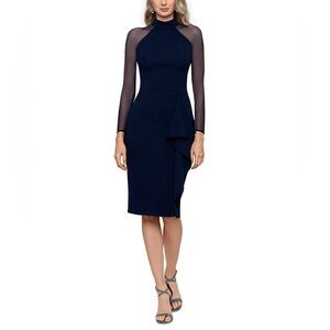 Betsy & Adam illusion sleeve mock neck Sheath Dress size 4 Navy Blue